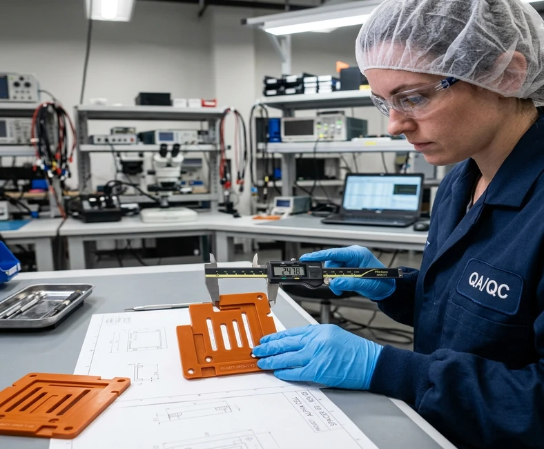 Quality assurance inspector using digital caliper to measure custom battery spacer template